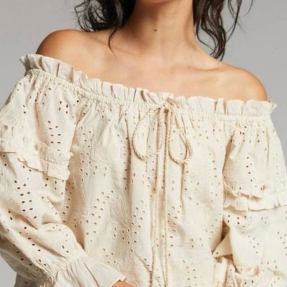 Anthropologie Cream Eyelet Off-Shoulder Blouse - Picture 1 of 4